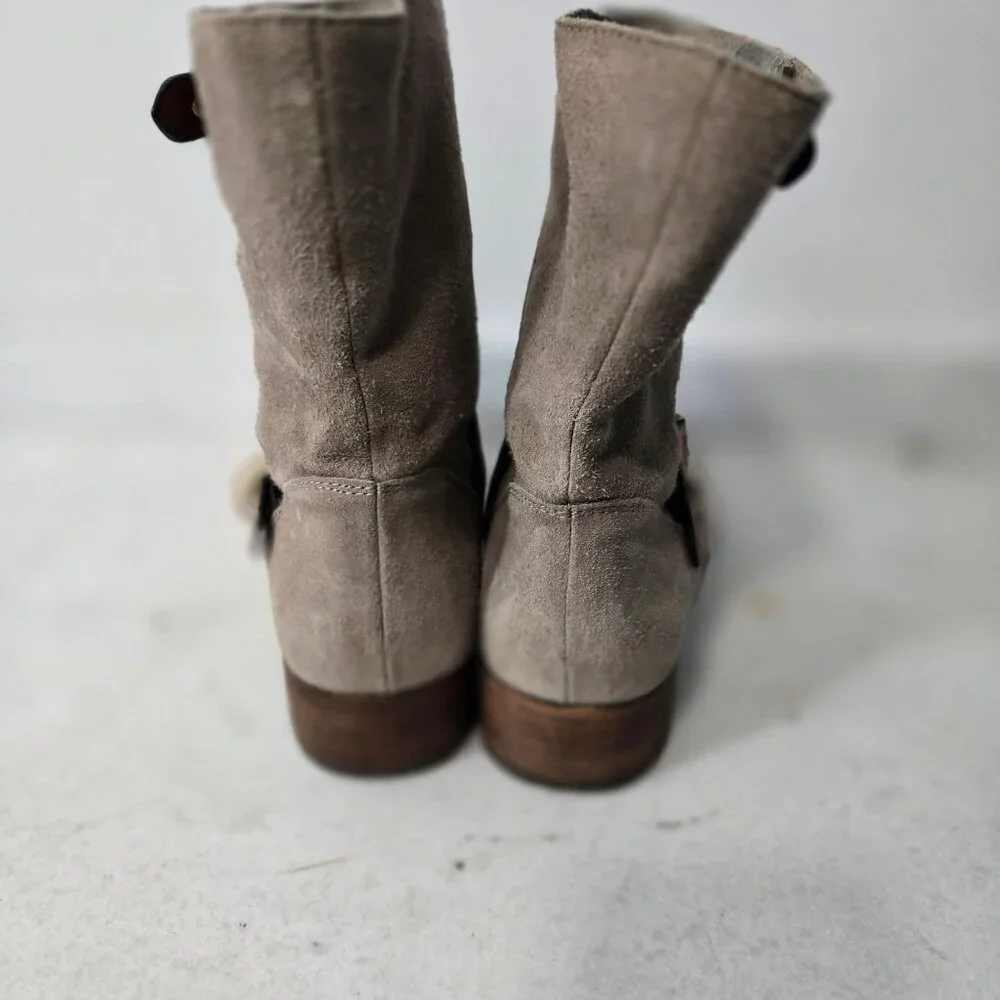 COACH Size 7.5 Amy Leather Taupe Low Stacked Heel Western Moto Boots Women's